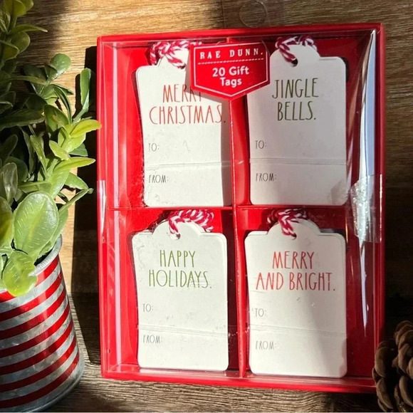 NEW Rae Dunn 20 Holiday Gift Tags w/ Red & White String - 5 Each of 4 Designs - Picture 1 of 3